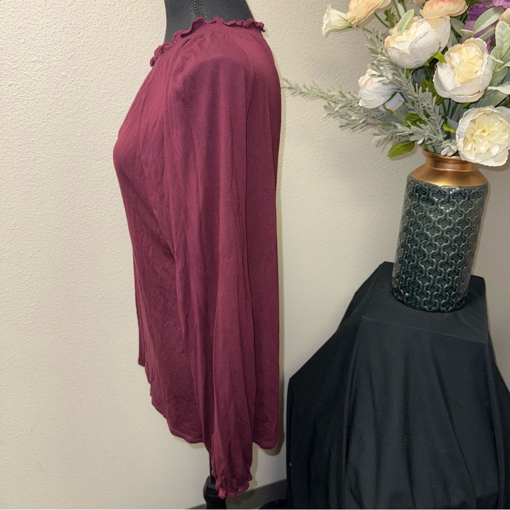 LOFT Burgundy Ruffle Neck Blouse Long Sleeve Soft Knit Top Large - Picture 2 of 7